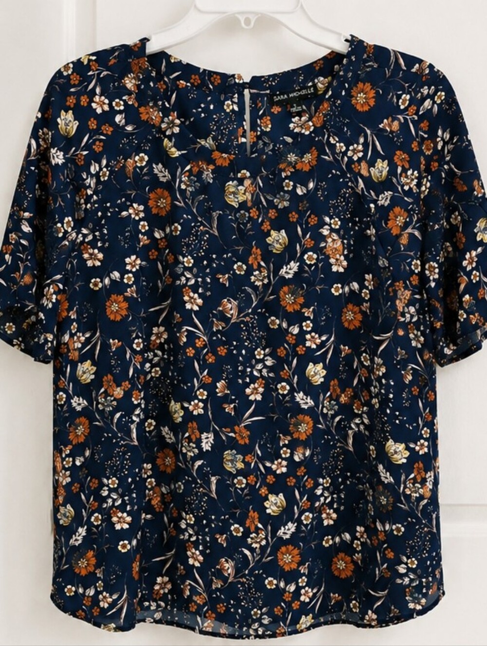 Sara Michelle Navy Floral Flutter Sleeve Blouse Size Large